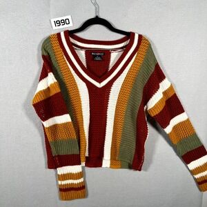 Runway 7 Sweater Womens‎ Medium Multicolor Striped Cotton V Neck Crochet Knit